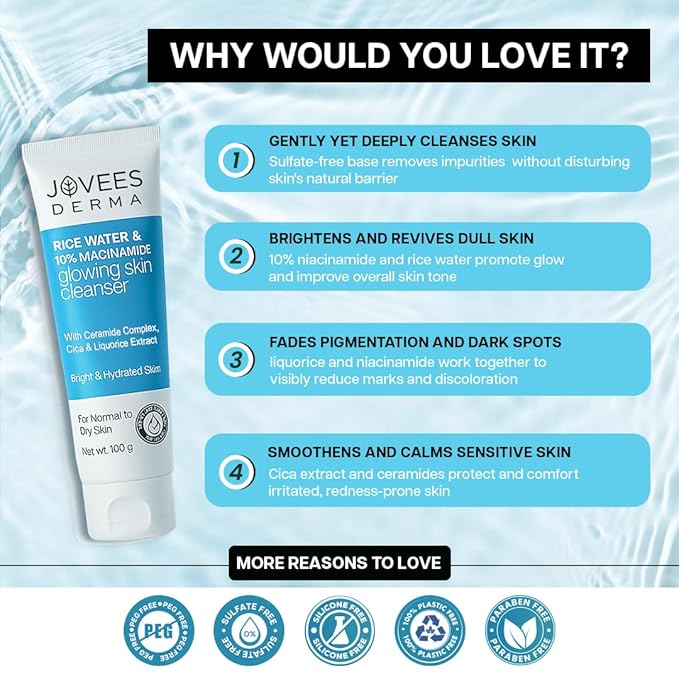 JOVEES HERBAL Jovees Derma Rice Face Wash With Rice Water & Niacinamide For Glass Skin,Brightens,Helps Fade Blemishes & Even Tone,Softens & Smoothens Skin,Gentl