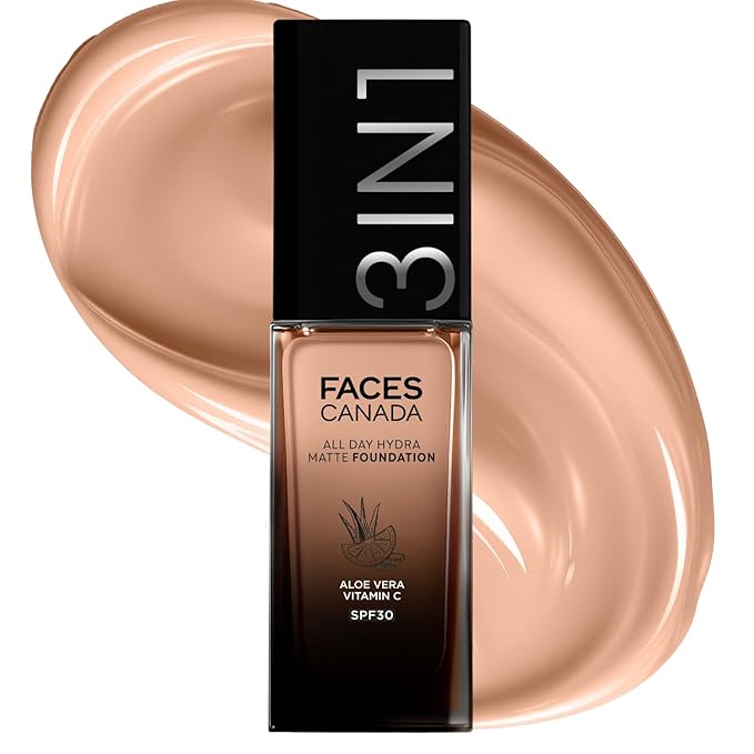 FACESCANADA All Day Hydra Matte Foundation Cream| 3-in-1 Foundation + Moisturizer + SPF 30|24 HR Aloe Hydration & Vitamin C|10HR Long Wear|Medium to High Builda