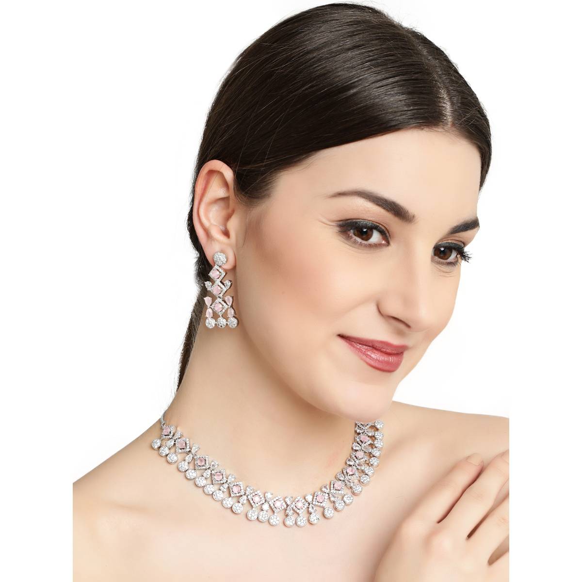 Aatmana Silver Plated Pink American Diamond Studded Handcrafted Necklace Set · One Size