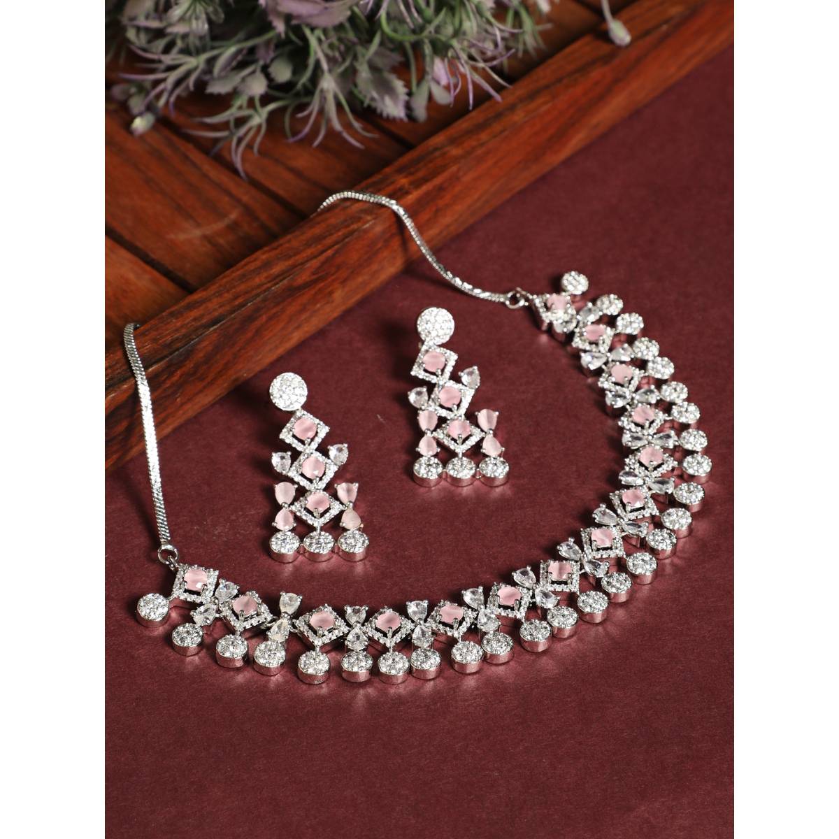 Aatmana Silver Plated Pink American Diamond Studded Handcrafted Necklace Set · One Size