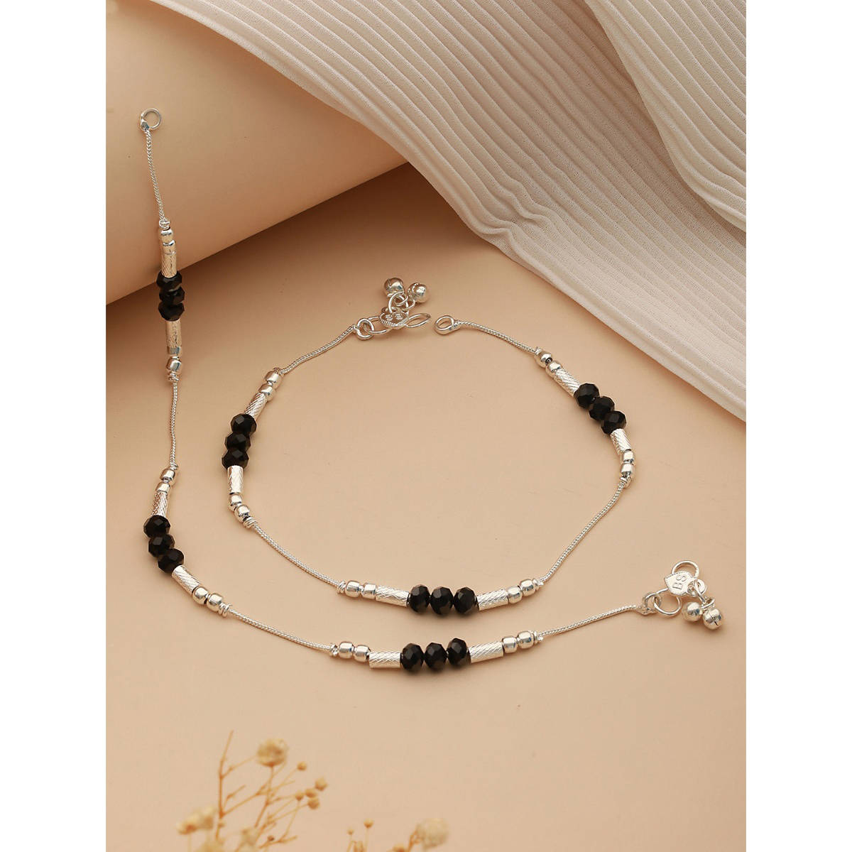 Aatmana Set of 2 Silver Plated & Black Crystal Beaded Anklets · One Size
