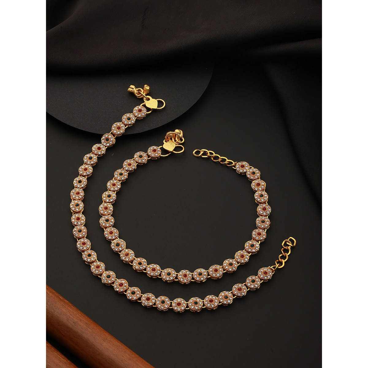 Aatmana Set of 2 Gold Plated Red & Green Kundan Studded & CZ Stone Anklets · One Size