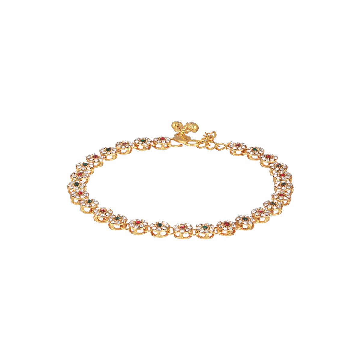 Aatmana Set of 2 Gold Plated Red & Green Kundan Studded & CZ Stone Anklets