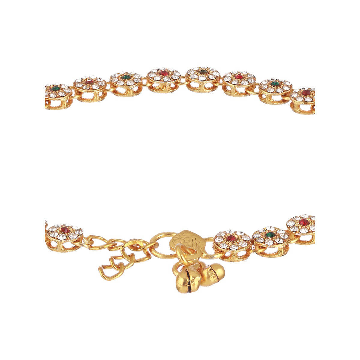 Aatmana Set of 2 Gold Plated Red & Green Kundan Studded & CZ Stone Anklets