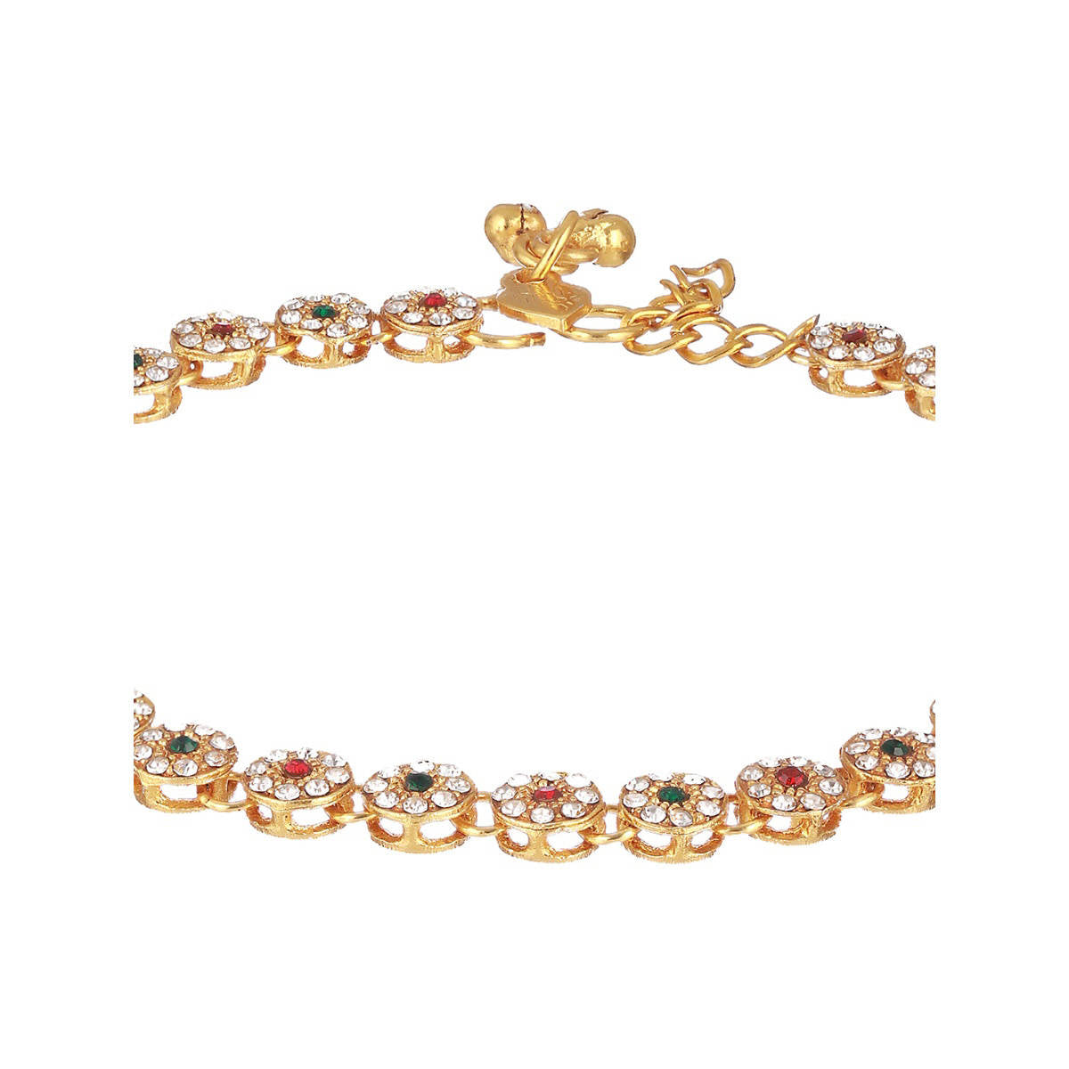 Aatmana Set of 2 Gold Plated Red & Green Kundan Studded & CZ Stone Anklets