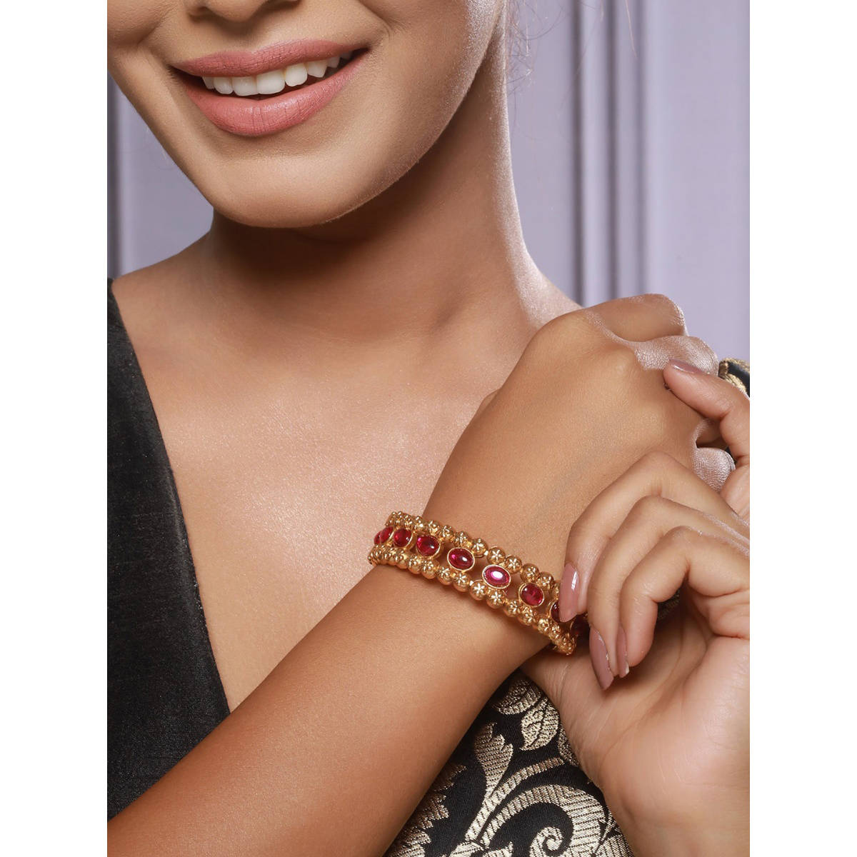 Aatmana Gold Toned & Pink Handcrafted Gold Plated Bangle Style Bracelet · One Size