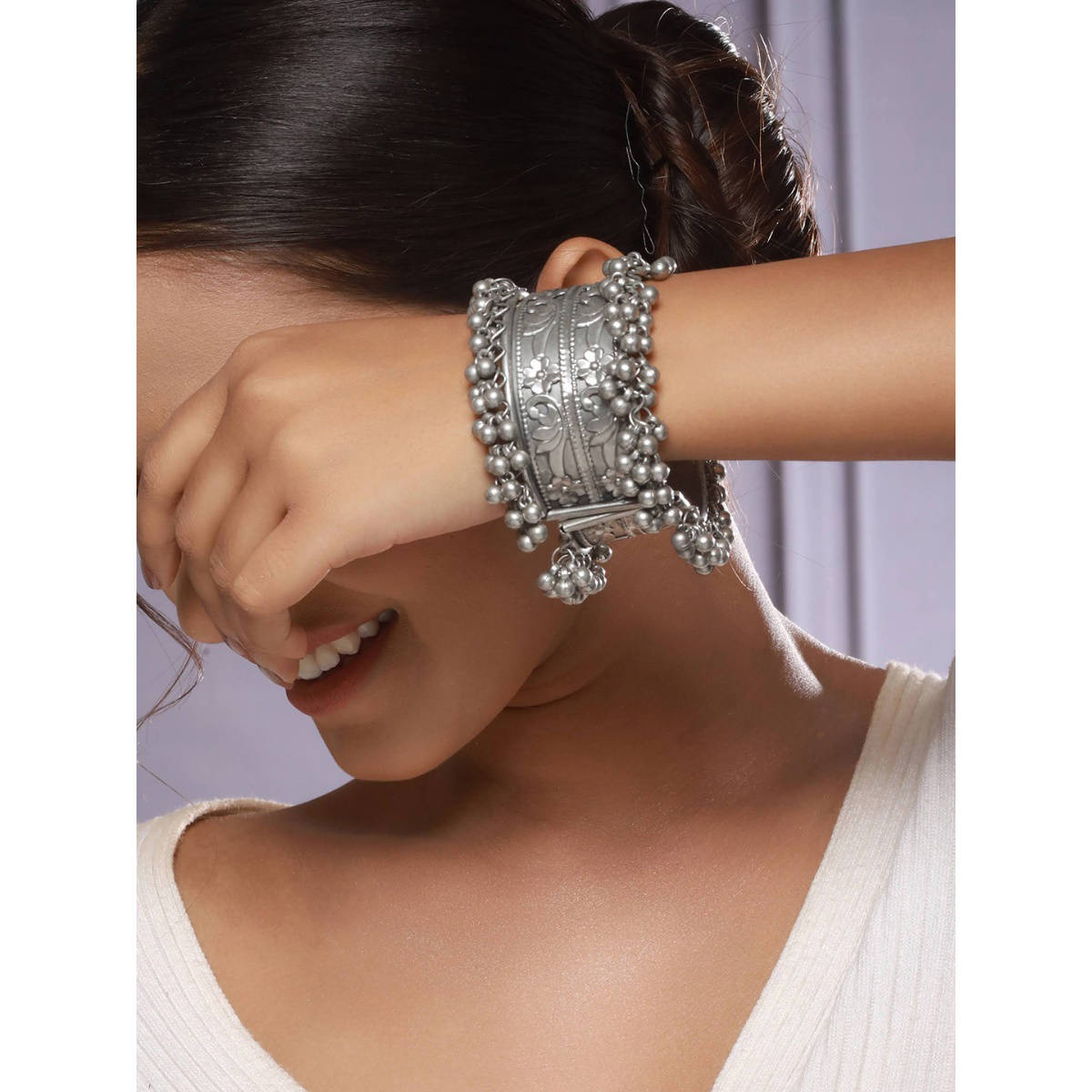 Aatmana German Silver Oxidised Silver Plated Bangle Style Bracelet