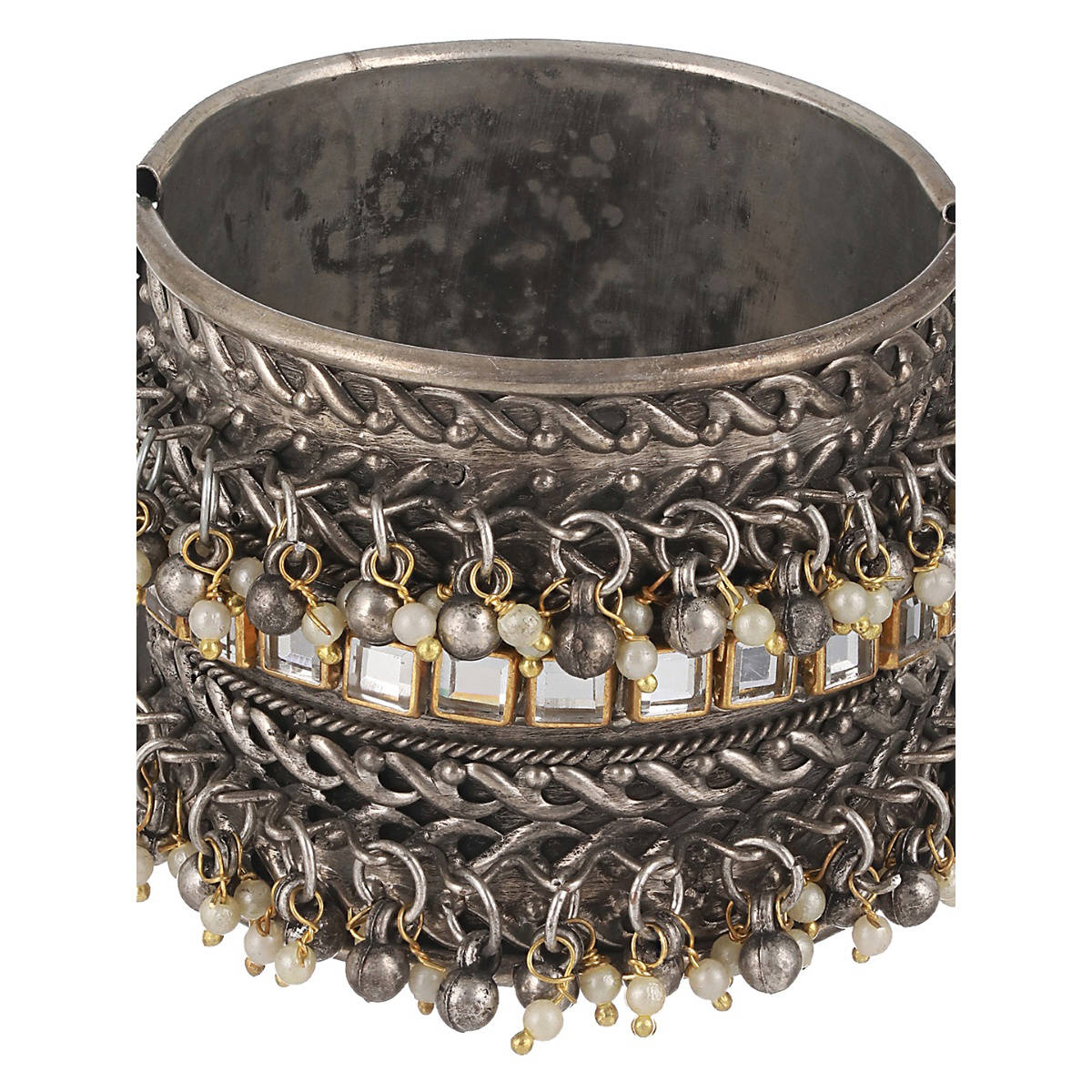 Aatmana Silver Plated Oxidised Kundan Studded & Pearl Beaded Bangle Style Bracelet