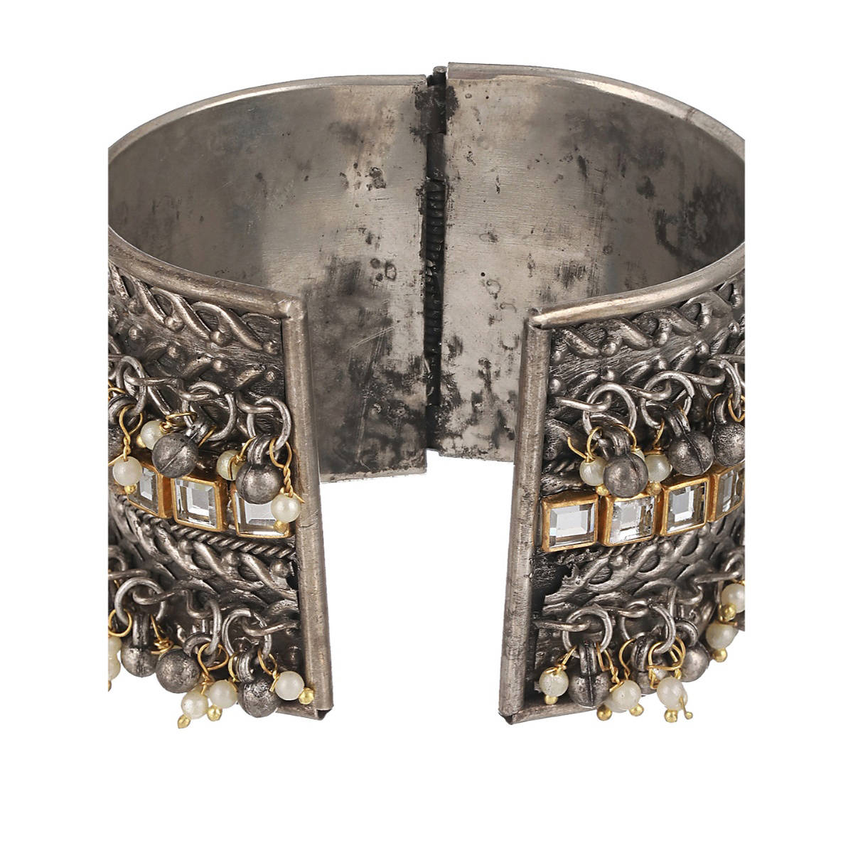 Aatmana Silver Plated Oxidised Kundan Studded & Pearl Beaded Bangle Style Bracelet