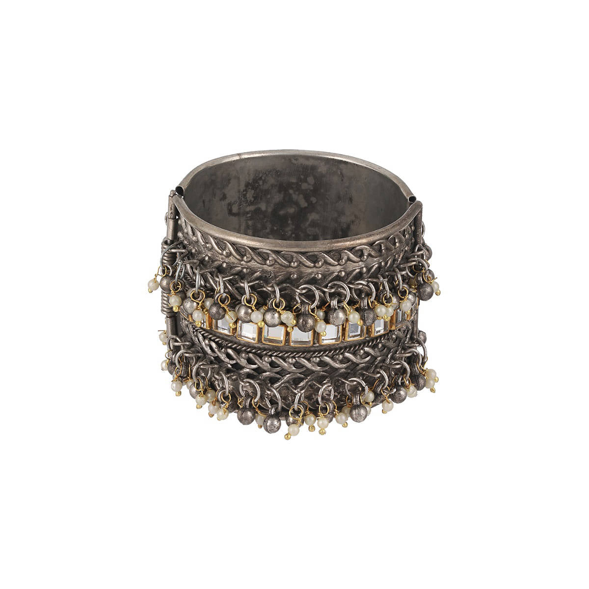 Aatmana Silver Plated Oxidised Kundan Studded & Pearl Beaded Bangle Style Bracelet