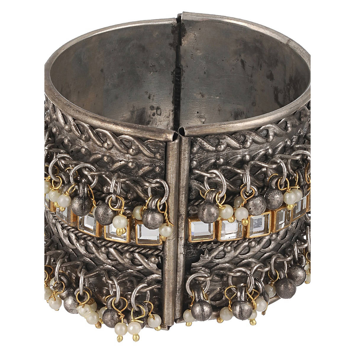 Aatmana Silver Plated Oxidised Kundan Studded & Pearl Beaded Bangle Style Bracelet