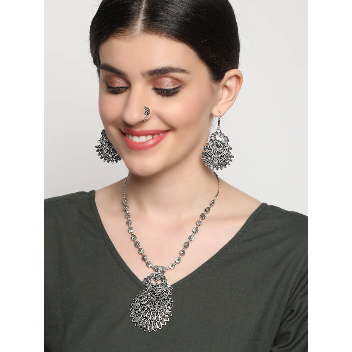 Aatmana German Silver Oxidised Peacock Jewellery Set