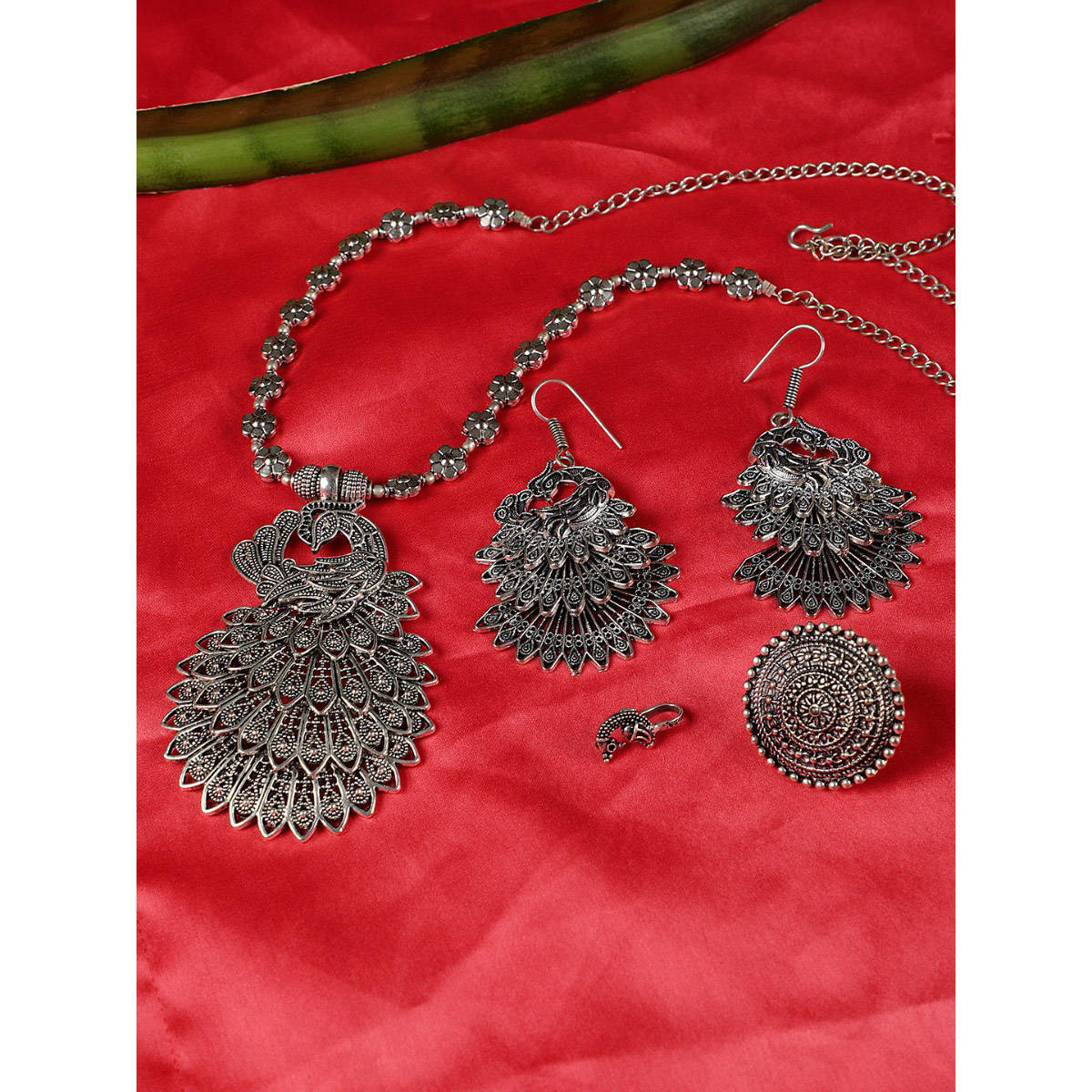 Aatmana German Silver Oxidised Peacock Jewellery Set