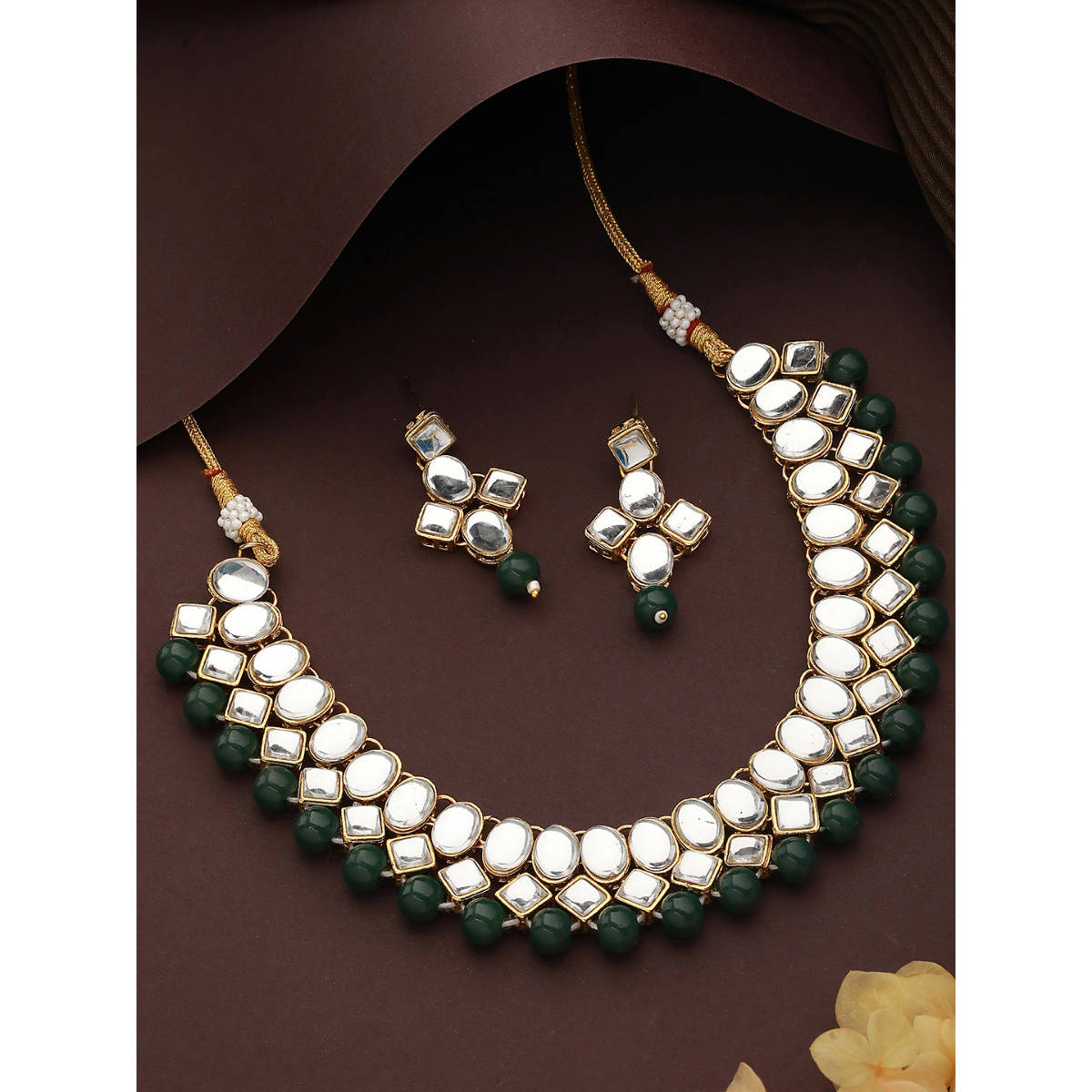 Aatmana Gold Toned Kundan & Green Beads Jewellery Set