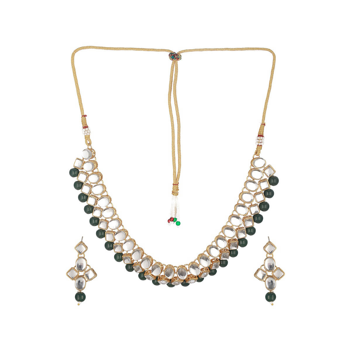 Aatmana Gold Toned Kundan & Green Beads Jewellery Set