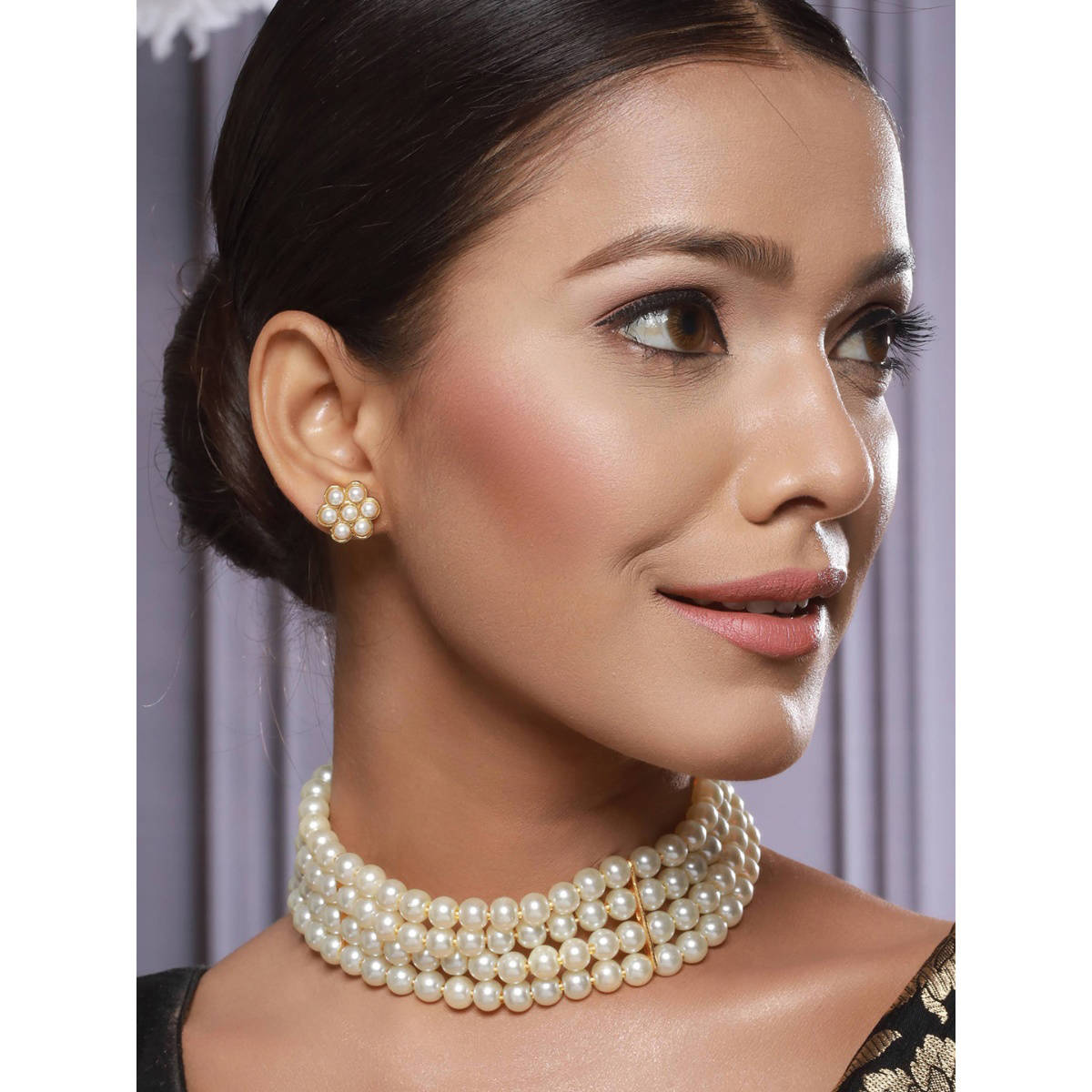 Aatmana White Gold Plated Studded Pearls Jewellery Set