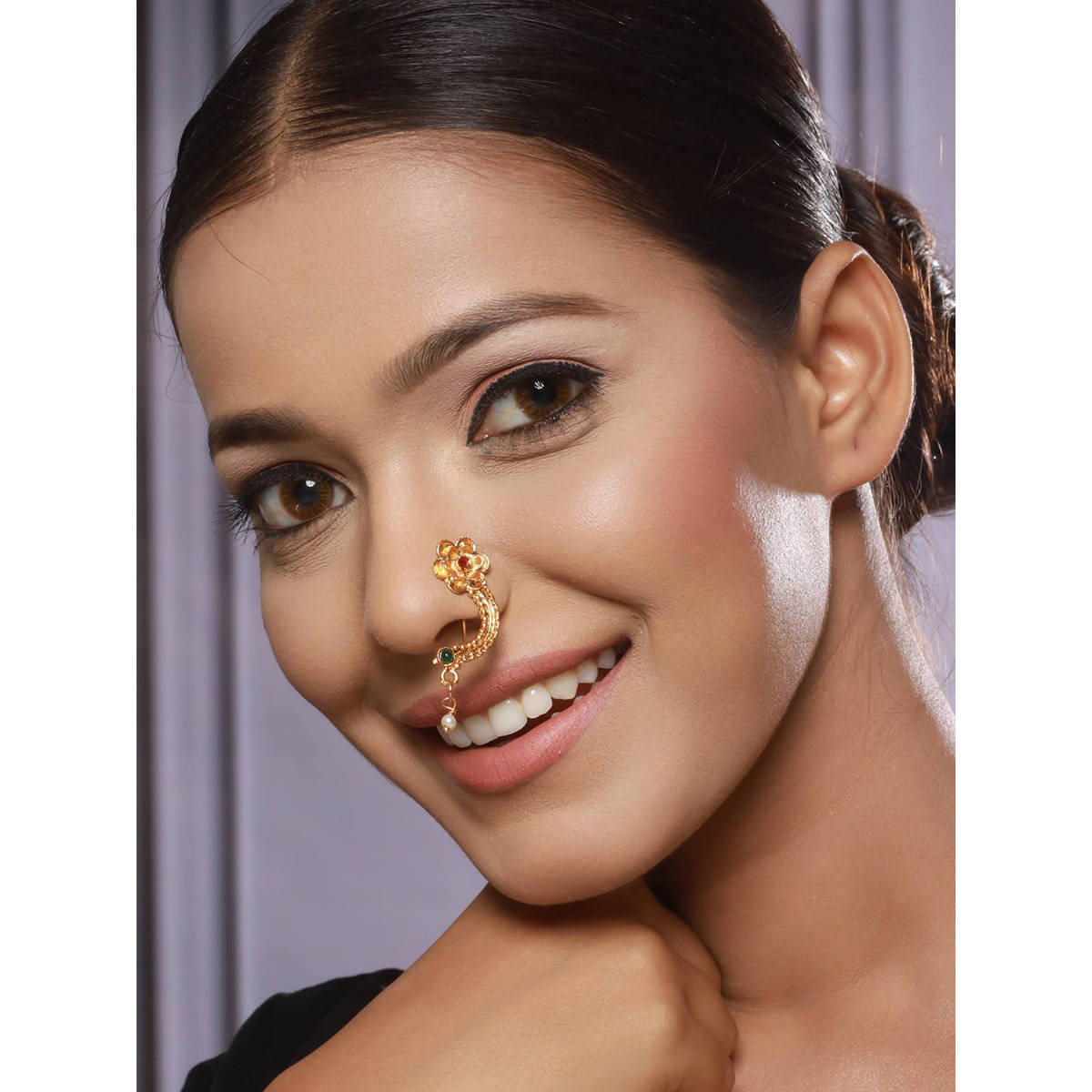Aatmana Set of 3 Pink Gold Plated Green Stone Studded & Pearl Beaded Marathi Nose Pin