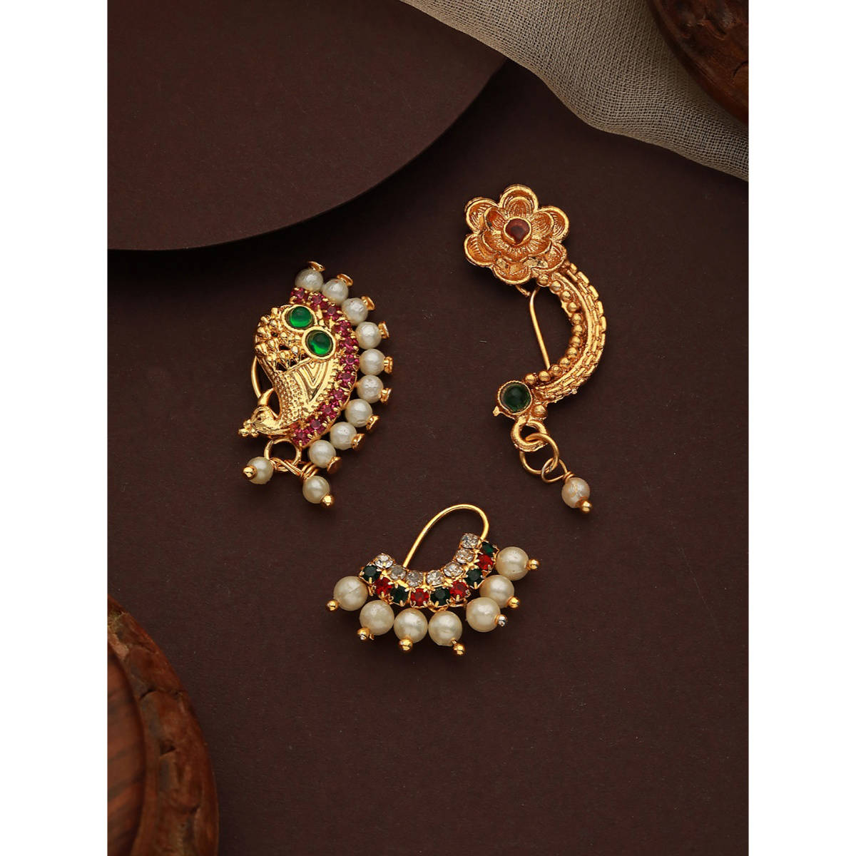 Aatmana Set of 3 Pink Gold Plated Green Stone Studded & Pearl Beaded Marathi Nose Pin