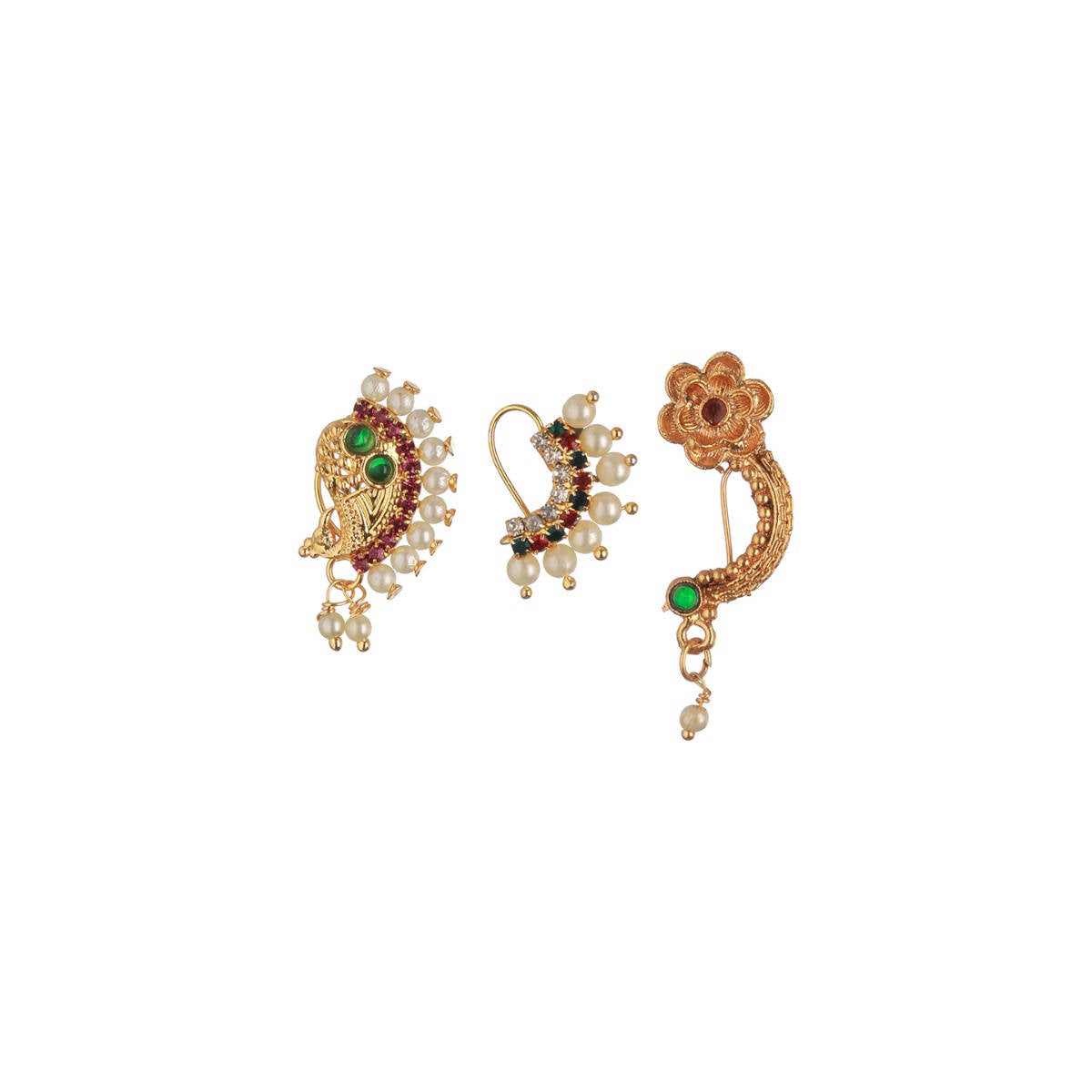 Aatmana Set of 3 Pink Gold Plated Green Stone Studded & Pearl Beaded Marathi Nose Pin