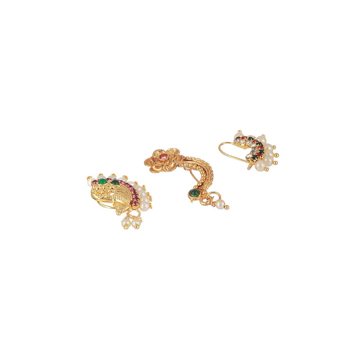 Aatmana Set of 3 Pink Gold Plated Green Stone Studded & Pearl Beaded Marathi Nose Pin