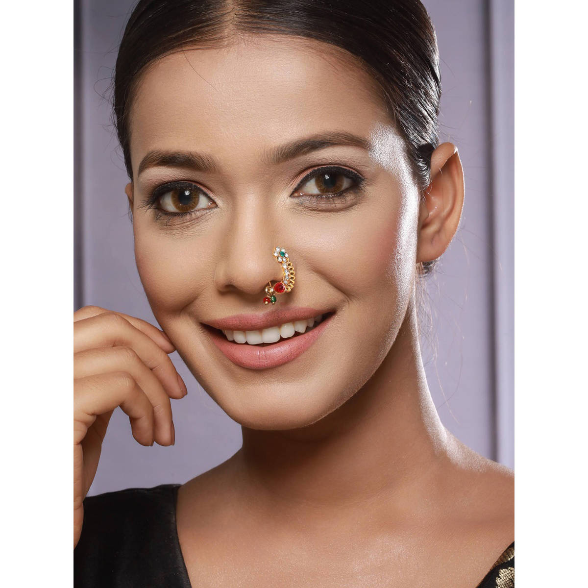 Aatmana Set of 4 Gold Plated Stone Studded & Pearl Beaded Marathi Nose Pin