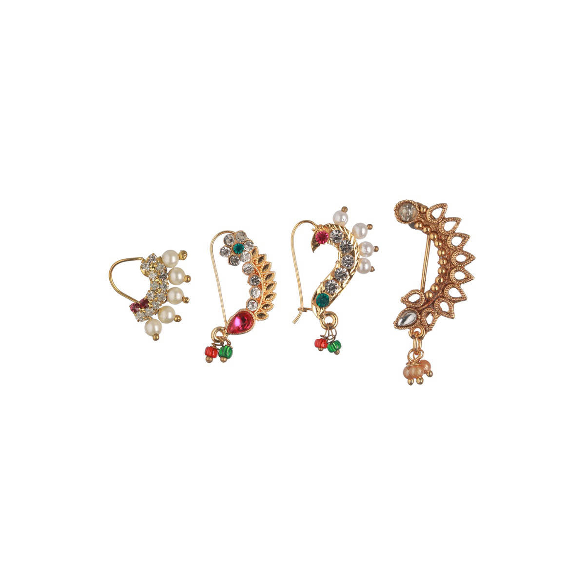 Aatmana Set of 4 Gold Plated Stone Studded & Pearl Beaded Marathi Nose Pin