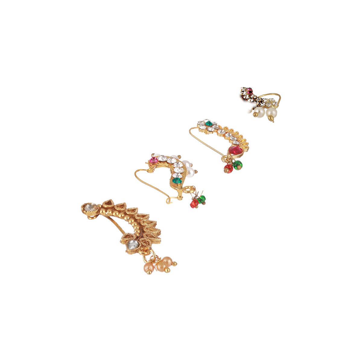 Aatmana Set of 4 Gold Plated Stone Studded & Pearl Beaded Marathi Nose Pin