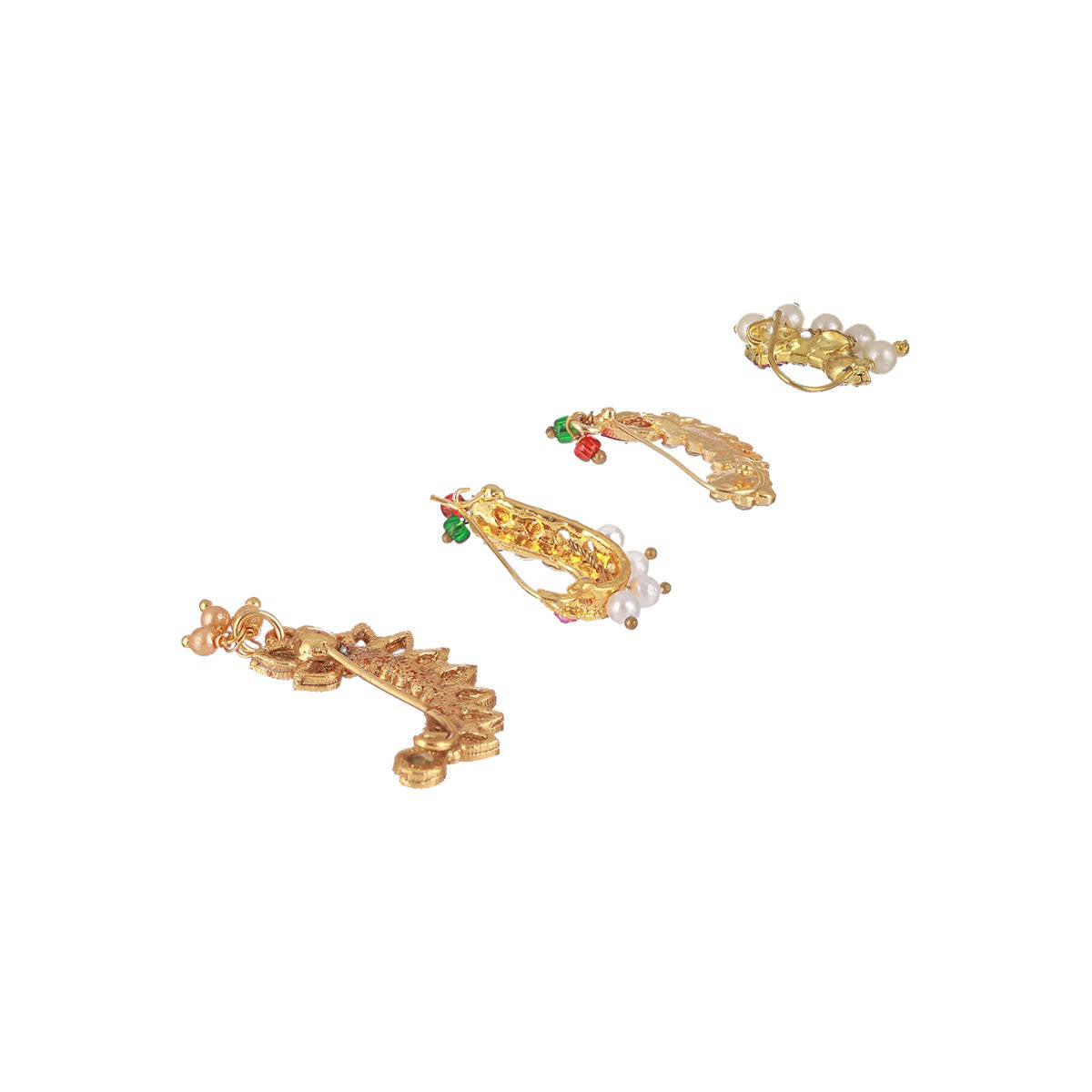 Aatmana Set of 4 Gold Plated Stone Studded & Pearl Beaded Marathi Nose Pin