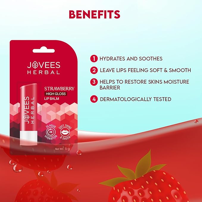 Jovees Herbal Strawberry High Gloss Lip Balm For Soft, Glossy And Supple Lips | 24 Hour Hydration | Rejuvenates Dark, Pigmented, Dry, Chapped And Discoloration