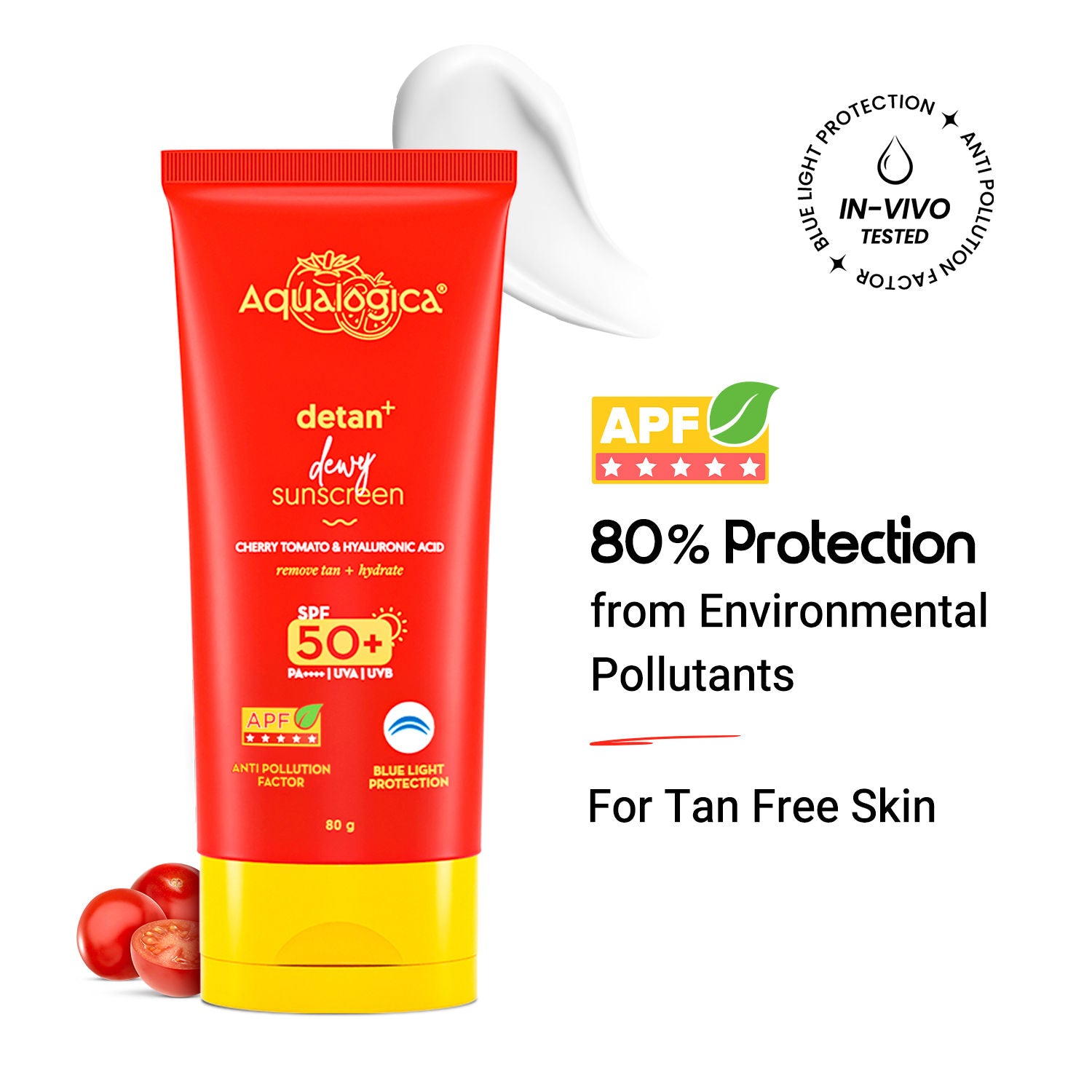 Aqualogica Detan+ SPF 50+ PA++++, Cherry Tomato, HA, APF, In-Vivo Tested (80g)