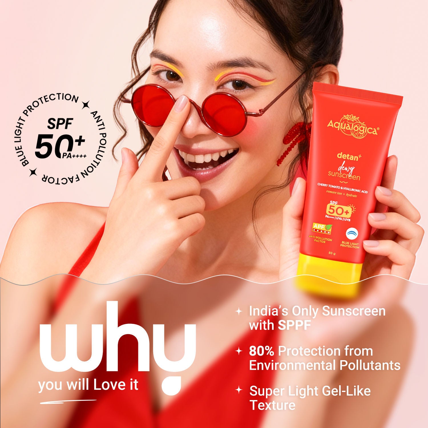 Aqualogica Detan+ SPF 50+ PA++++, Cherry Tomato, HA, APF, In-Vivo Tested (80g)