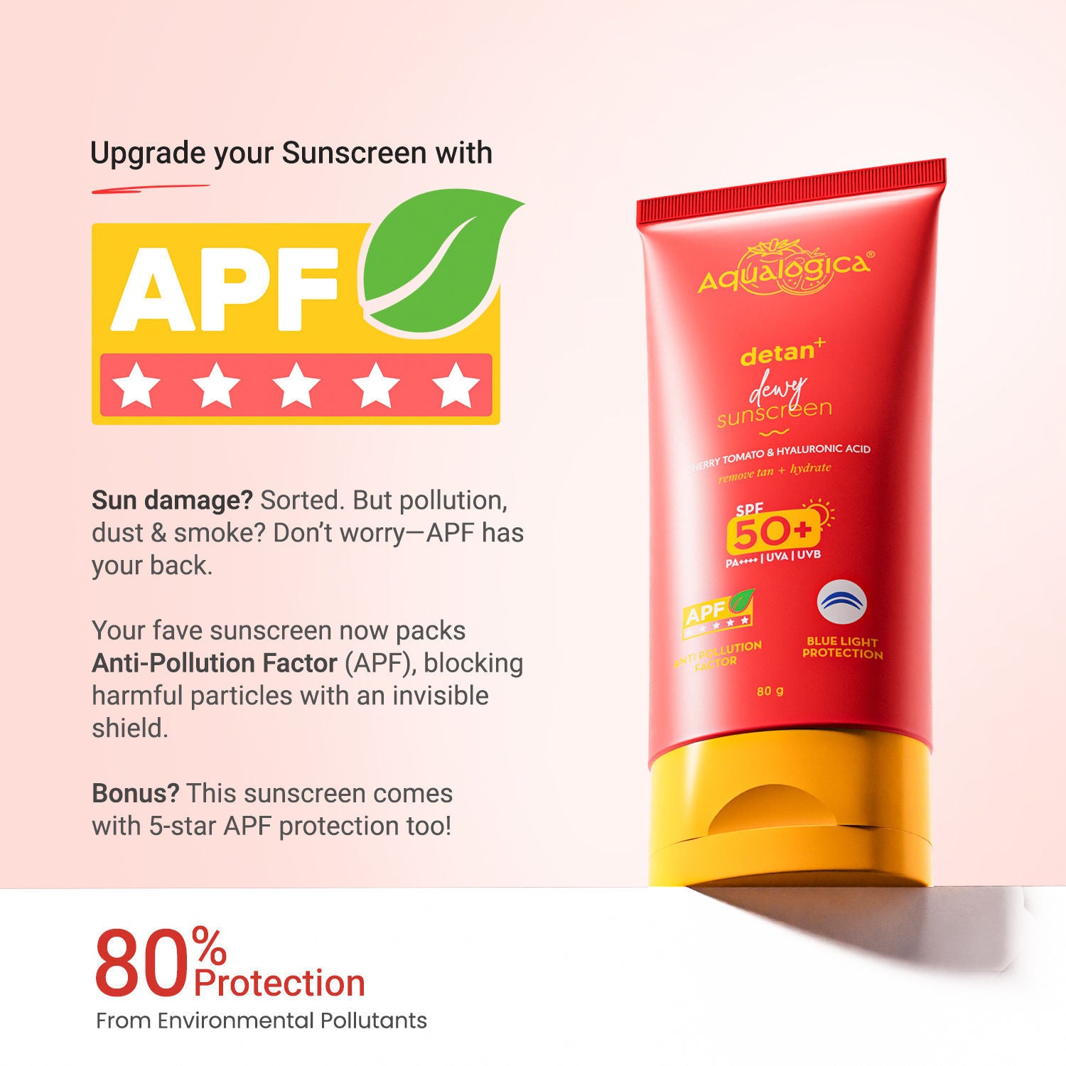 Aqualogica Detan+ SPF 50+ PA++++, Cherry Tomato, HA, APF, In-Vivo Tested (80g)