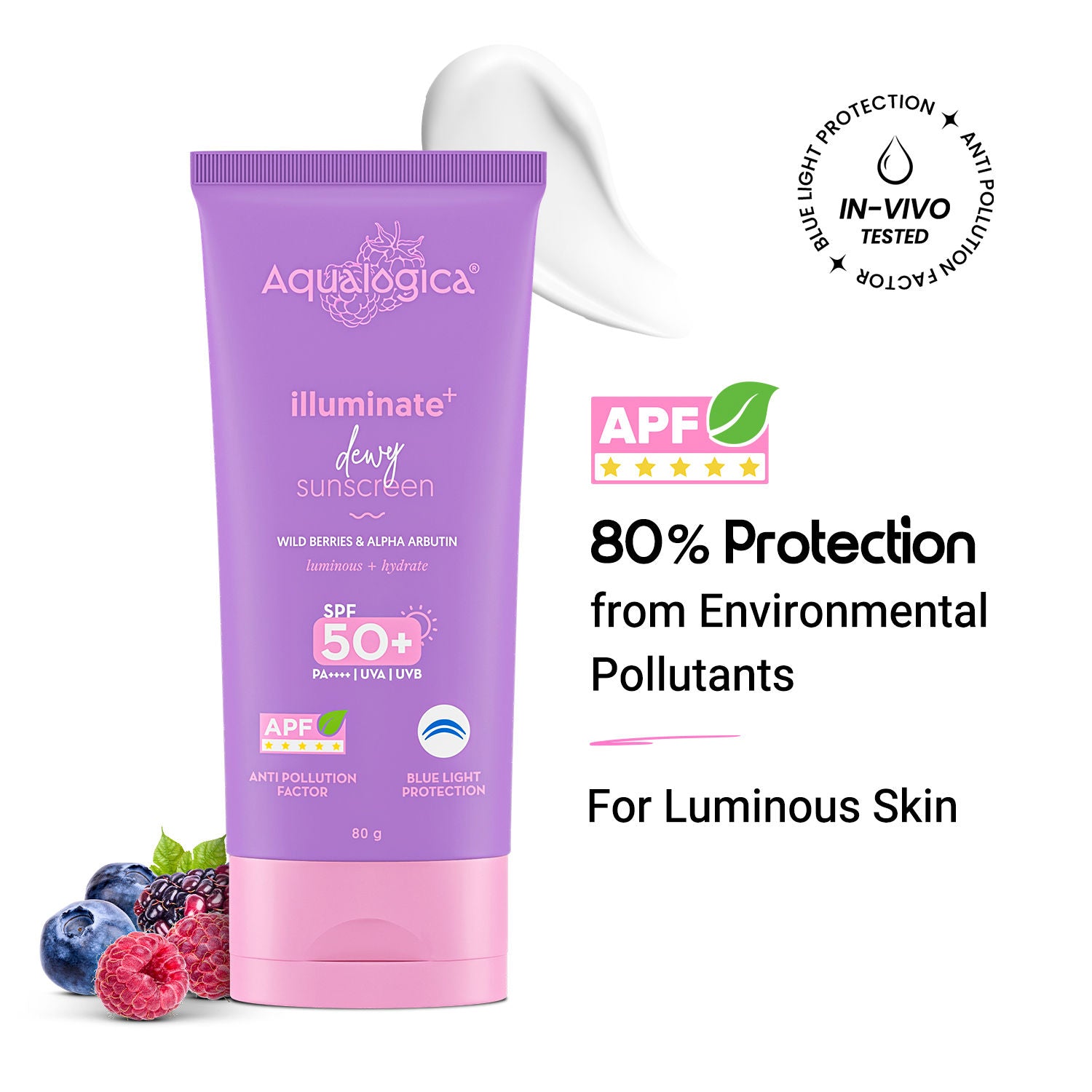 Aqualogica Illuminate+ SPF 50+ PA++++, Berries, Alpha Arbutin, APF, In-Vivo Tested (80 g)
