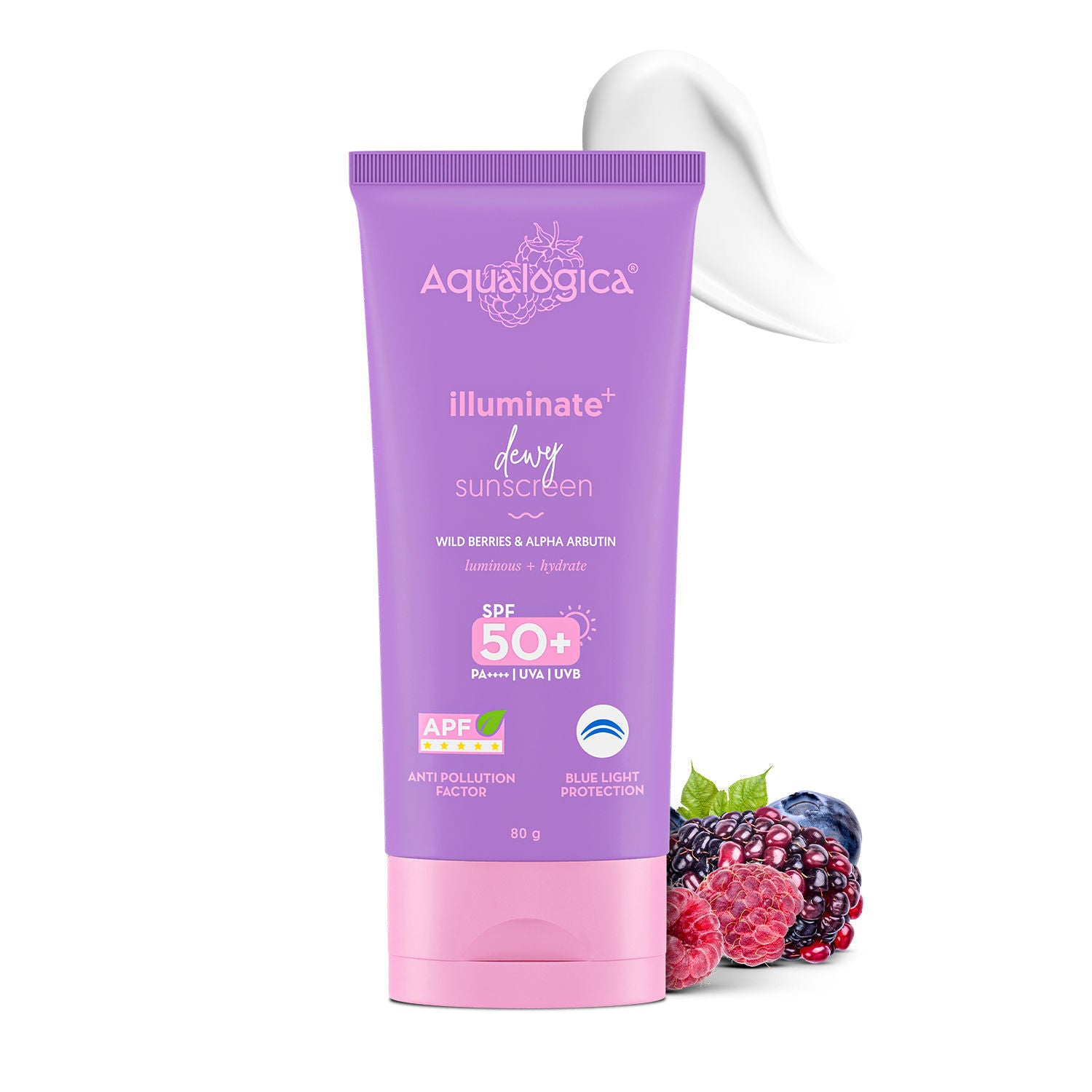 Aqualogica Illuminate+ SPF 50+ PA++++, Berries, Alpha Arbutin, APF, In-Vivo Tested (80 g)