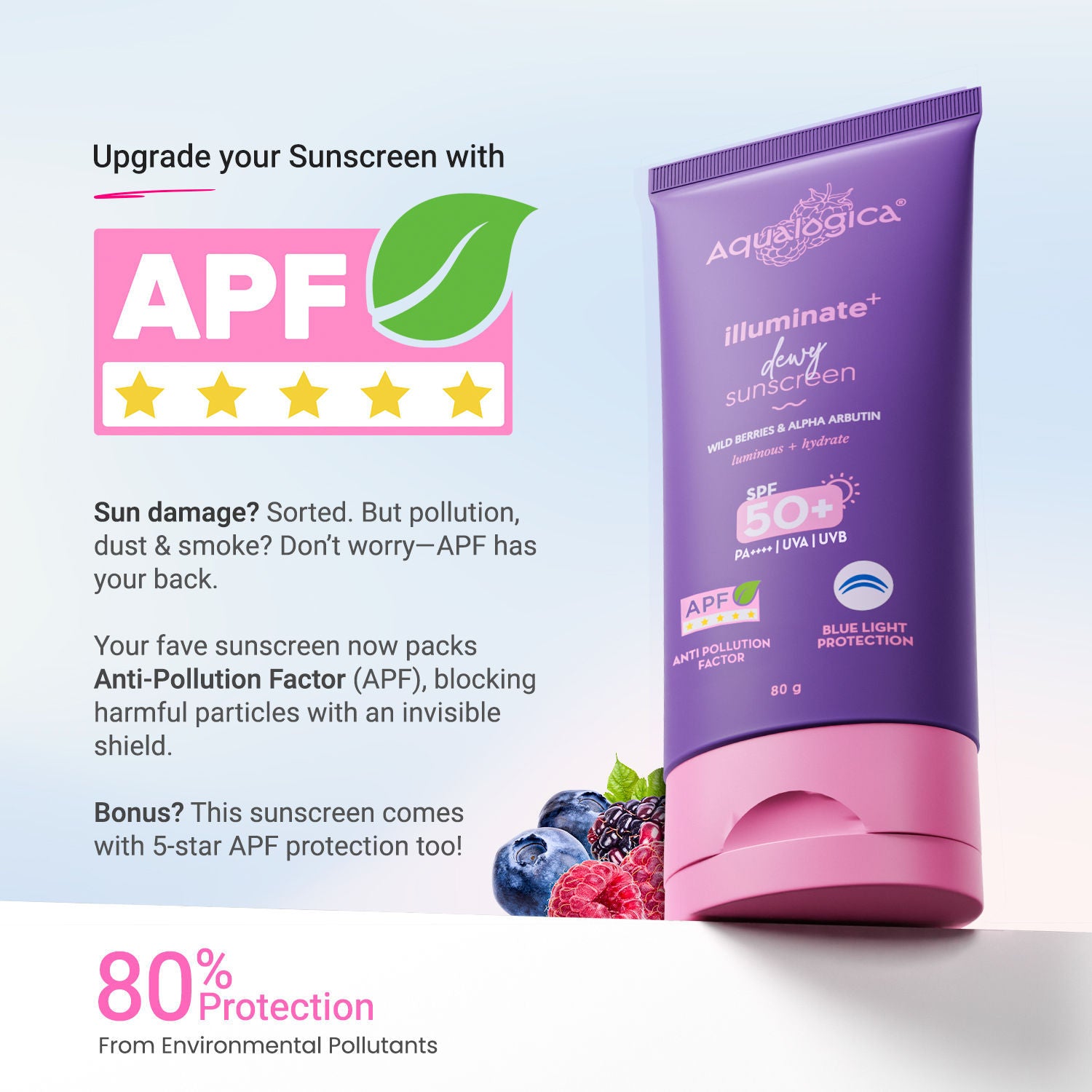 Aqualogica Illuminate+ SPF 50+ PA++++, Berries, Alpha Arbutin, APF, In-Vivo Tested (80 g)