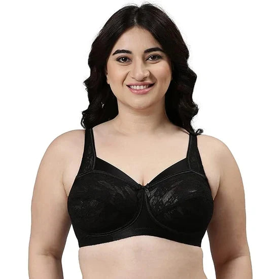 Enamor FB06 Full Support Classic Lace Lift Bra - Non-Padded, Wirefree & Full Coverage 34(B) / BLACK