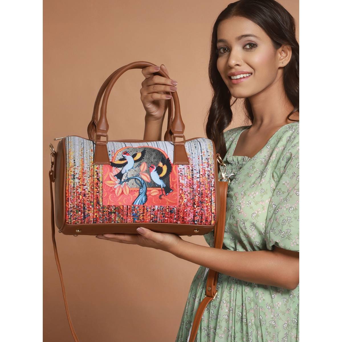 Aatmana Multi-color Bird Motifs Printed Structured Handheld Bag