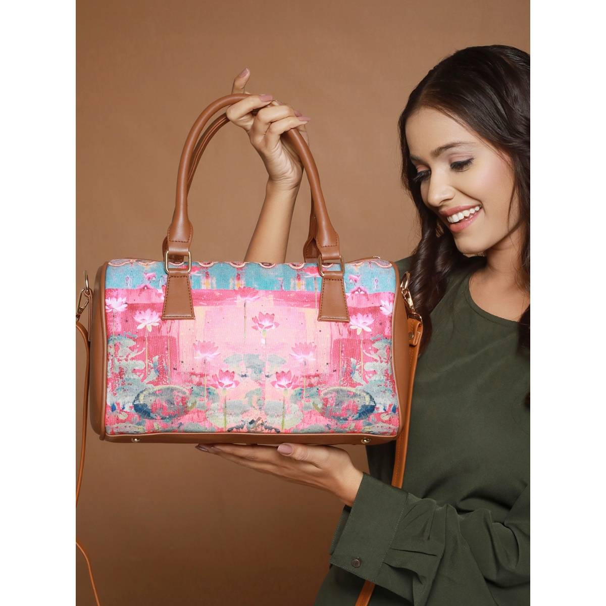 Aatmana Multi-Color Lotus Motifs Printed Structured Handheld Bag