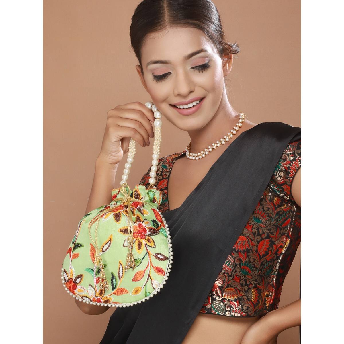 Aatmana Green Multi-coloured Leaf Pattern Potli Bag