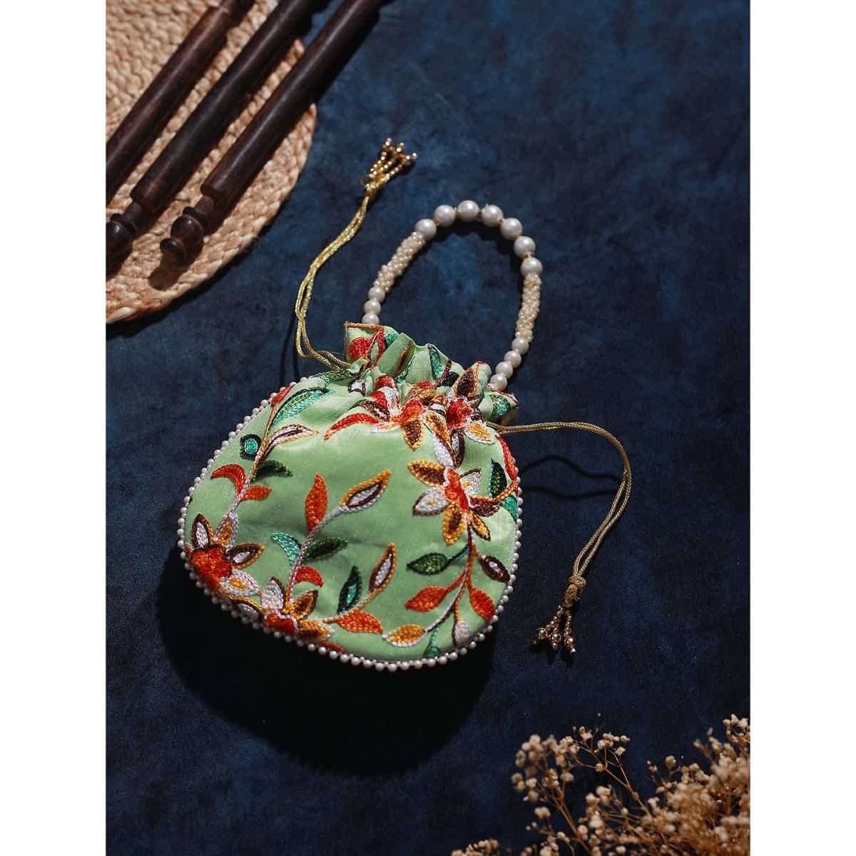 Aatmana Green Multi-coloured Leaf Pattern Potli Bag · Free Size