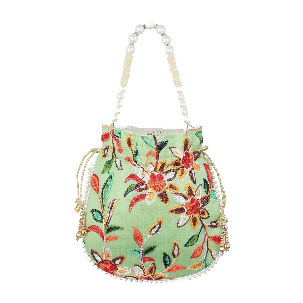 Aatmana Green Multi-coloured Leaf Pattern Potli Bag