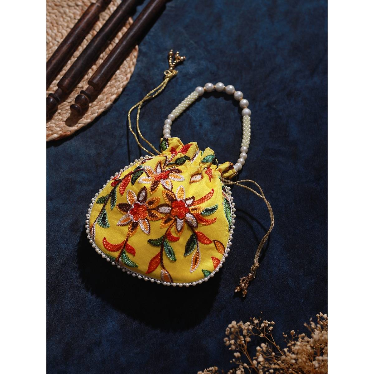 Aatmana Yellow Multi-coloured Leaf Pattern Potli Bag · Free Size