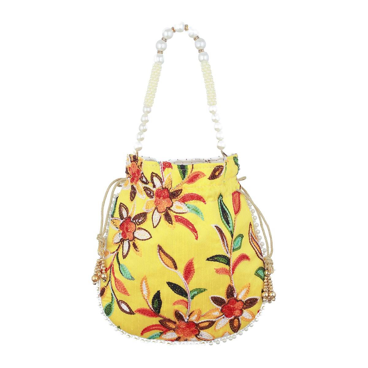 Aatmana Yellow Multi-coloured Leaf Pattern Potli Bag