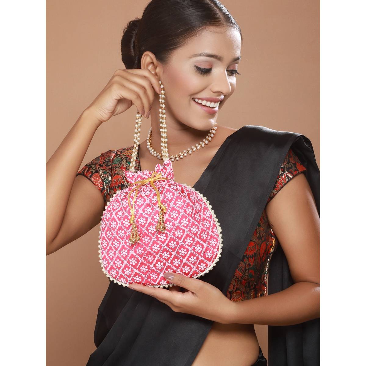 Aatmana Pink & Gold-Toned Chikan Embroidered Work Potlid Clutch