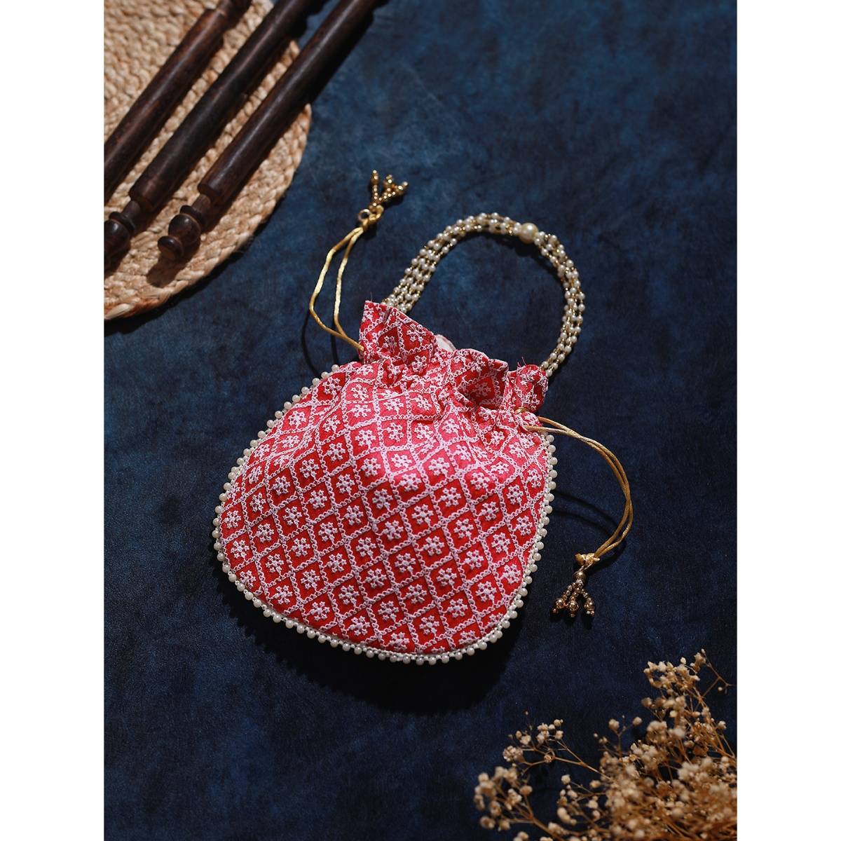 Aatmana Pink & Gold-Toned Chikan Embroidered Work Potlid Clutch