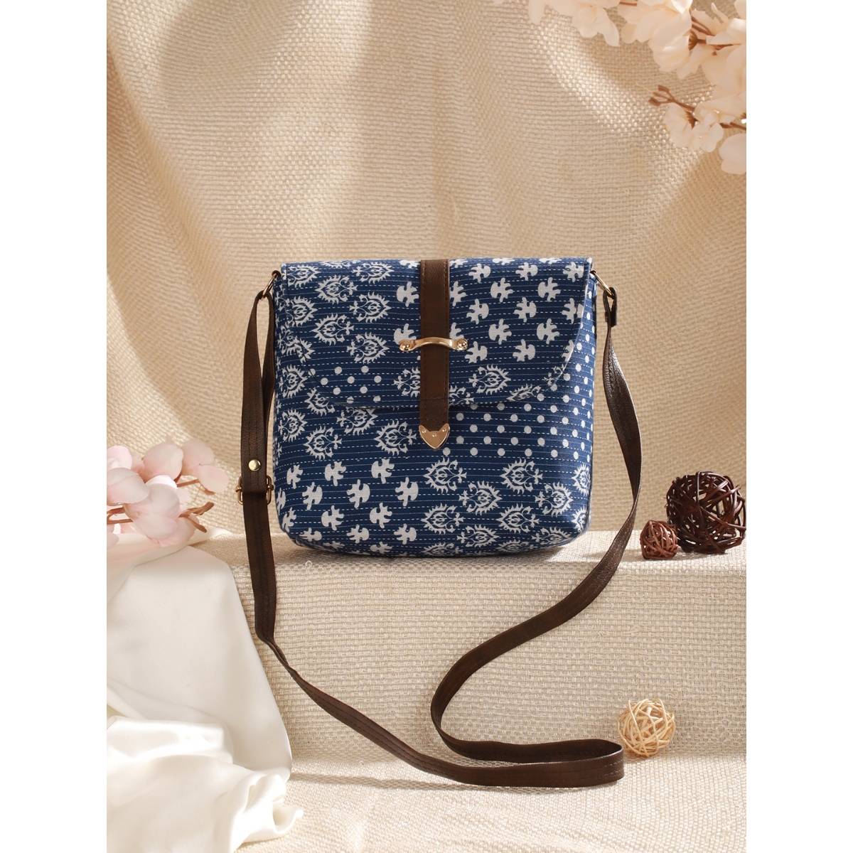 Aatmana Blue & White Printed Sling Bag