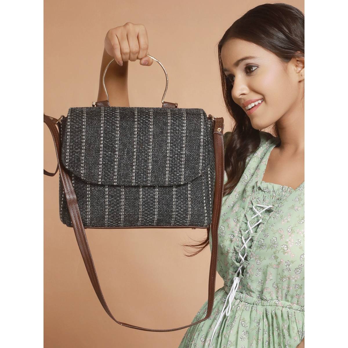 Aatmana Grey Black & White Striped Hand Bag