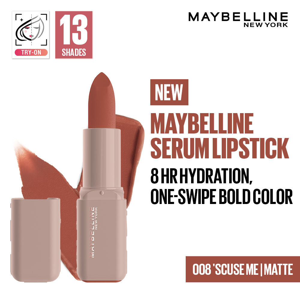 Maybelline Serum Matte Lipstick - 8Hr hydration, One-Swipe Bold Color - 008 'Scuse Me