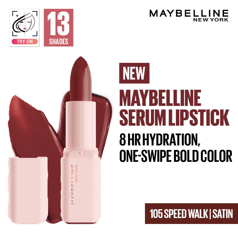 Maybelline Serum Satin Lipstick - 8Hr hydration, One-Swipe Bold Color - 105 Speed Walk