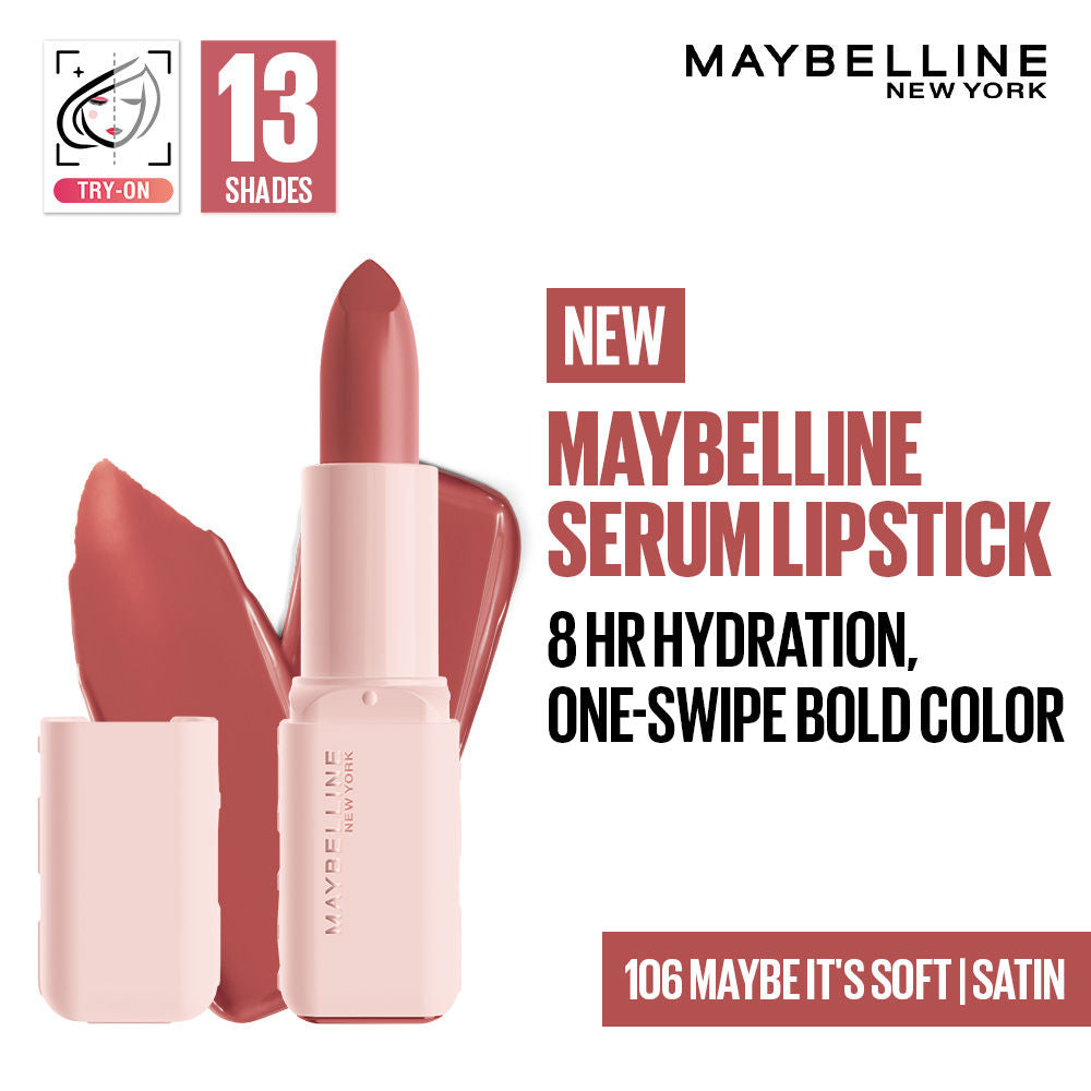 Maybelline Serum Satin Lipstick - 8Hr hydration, One-Swipe Bold Color - 106 Maybe It's Soft